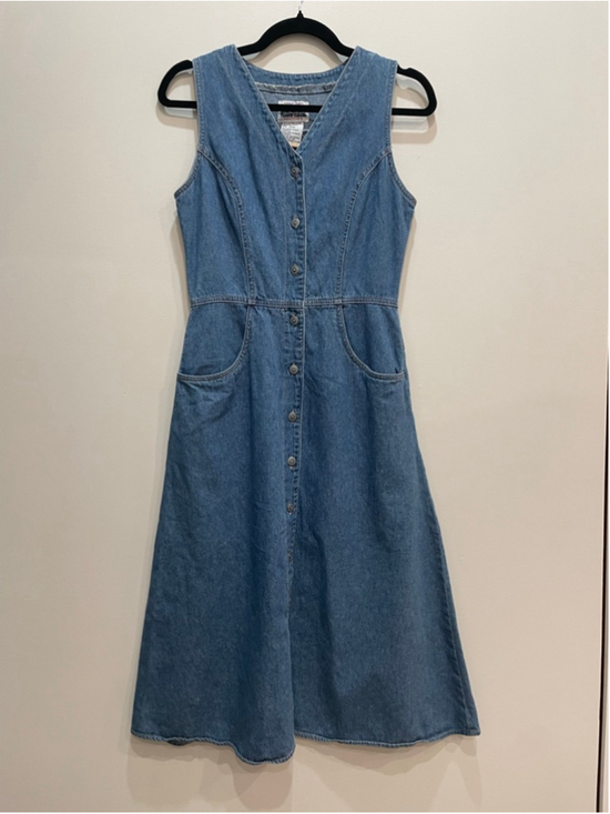 Vintage Dresses & Skirts - Vintage 90s Topaz Denim Button-Front Jumper Dress Size 6 Cottage Trad Wife